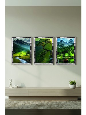 Zevahir Mobilya Dekorasyon Gümüş Aynalı Pleksi Çerçeveli Doğa Manzara Üçlü Mdf Tablo Seti