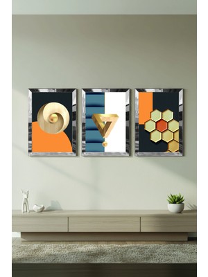 Zevahir Mobilya Dekorasyon Gümüş Aynalı Pleksi Çerçeveli Minimalist Üçlü Soyut Desen Üçlü Mdf Tablo Seti