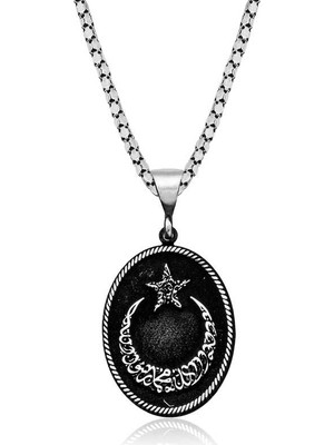 Aydogan's 925 Ayar Gümüş Kelime-I Tevhid Yazılı Ay Yıldız Erkek Kolye