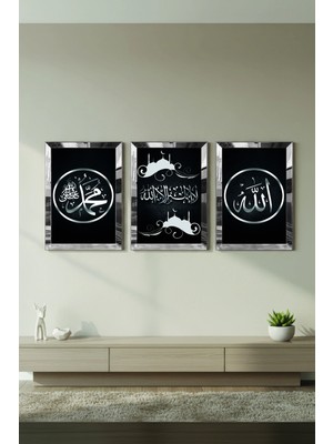 Zevahir Mobilya Dekorasyon Gümüş Aynalı Pleksi Çerçeveli Hz Muhammed ve Allah Lafzı Dini Üçlü Mdf Tablo Seti
