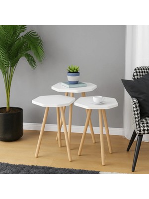 Peka Zigon Sehpa Doğal Ahşap Ayaklı 3’lü Set Altıgen