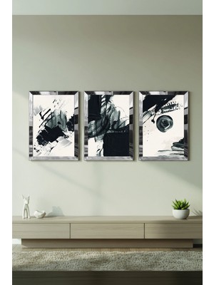 Zevahir Mobilya Dekorasyon Gümüş Aynalı Pleksi Çerçeveli Üçlü Soyut Desen Şekiller Üçlü Mdf Tablo Seti