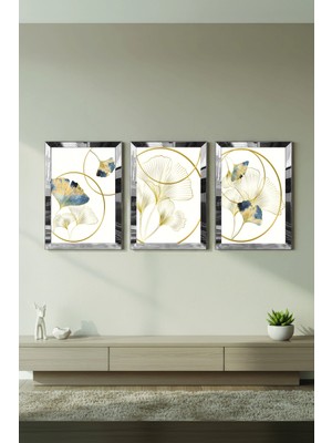 Zevahir Mobilya Dekorasyon Gümüş Aynalı Pleksi Çerçeveli Minimalist Desenli Soyut Üçlü Mdf Tablo Seti