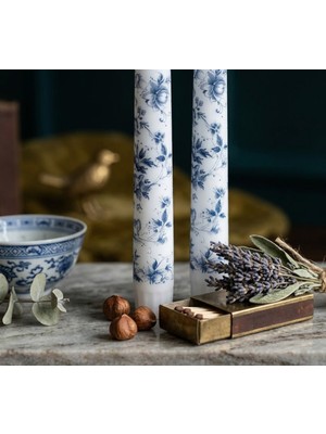 My Balli Store Blue Blanc Peony Desenli 2'li Dekoratif Şamdan Mumu