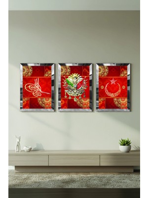 Zevahir Mobilya Dekorasyon Gümüş Aynalı Pleksi Çerçevel Osmanlı Tuğrası Üçlü Mdf Tablo Seti