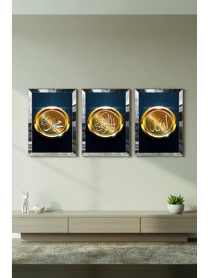 Zevahir Mobilya Dekorasyon Gümüş Aynalı Pleksi Çerçeveli Hz Muhammed ve Allah Lafzı Dini Üçlü Mdf Tablo Seti