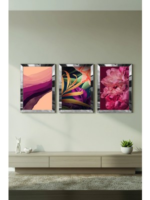 Zevahir Mobilya Dekorasyon Gümüş Aynalı Pleksi Çerçeveli Renkli Çiçek Üçlü Mdf Tablo Seti