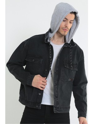 Little Cup Jeans Co Erkek Siyah Oversize Kapüşonlu Çıkarılabilir Kot Ceket %98 Pamuk Slim Fit