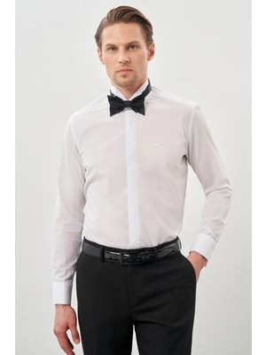 İmza Beyaz Ata Yaka Uzun Kol Cepsiz Slim Fit Basic Pamuklu Gömlek 1004255060
