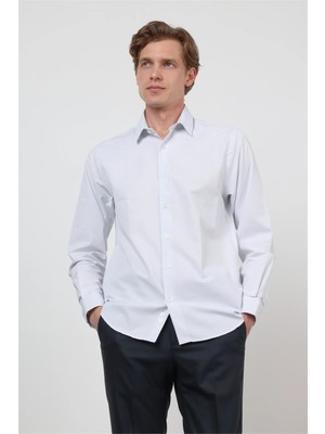 İmza Beyaz-Mavi Sert Yaka Uzun Kol Cepsiz Slim Fit Pamuklu Gömlek 1004260210