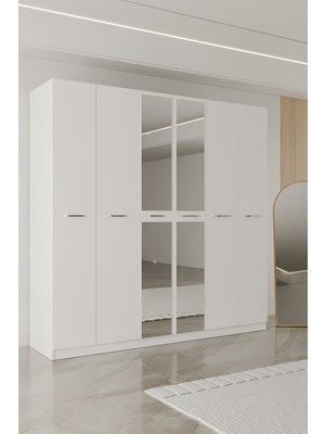 Aeka AE-2191 Hisar Beyaz/beyaz Aynalı 6 Kapaklı Çok Bölmeli Askılı ve Raflı Geniş Hacimli Gardırop 210X210 cm