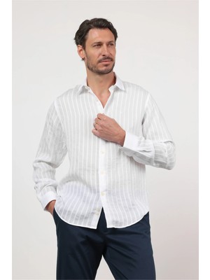 İmza Beyaz Düğmeli Yaka Uzun Kol Cepsiz Slim Fit Gömlek 1004260165