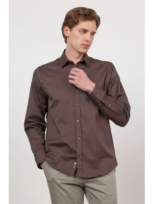 İmza Kahverengi Sert Yaka Uzun Kol Cepsiz Slim Fit Pamuklu Gömlek 1004260213