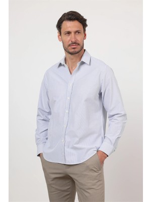İmza Beyaz-Lacivert Sert Yaka Uzun Kol Cepsiz Slim Fit Pamuklu Gömlek 1004260214