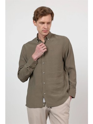 İmza Haki Düğmeli Yaka Uzun Kol Cepsiz Slim Fit Modal Gömlek 1004260162