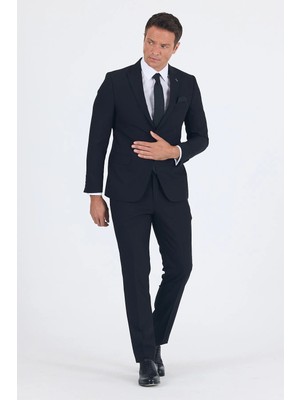 İmza Siyah Kılıç Yaka Gabardin Astarlı Çift Yırtmaç Esnek 6 Drop Slim Fit Basic Takım Elbise 1001255011