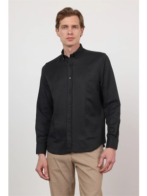 İmza Siyah Düğmeli Yaka Uzun Kol Cepsiz Slim Fit Pamuklu Gömlek 1004260203