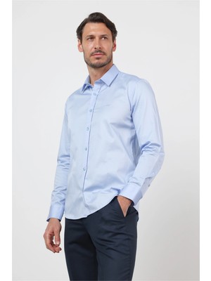 İmza Sert Yaka Uzun Kol Cepsiz Saten Slim Fit %100 Pamuk Gömlek 1004260424