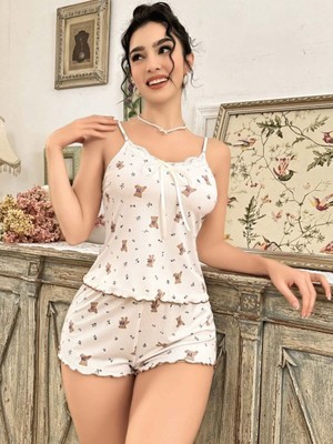 Bemy Store Kadın Ayıcık Desenli Şortlu Pijama Takımı Rahat ve Şık Ev Giyim Seti