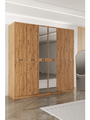 Aeka AE-2191 Hisar Atlantik Çam/atlantik Çam Aynalı 6 Kapaklı Çok Bölmeli Askılı ve Raflı Geniş Hacimli Gardırop 210X210 cm