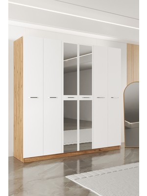 Aeka AE-2191 Hisar Atlantik Çam/beyaz Aynalı 6 Kapaklı Çok Bölmeli Askılı ve Raflı Geniş Hacimli Gardırop 210X210 cm