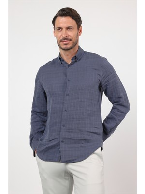 İmza Indigo Mavi Düğmeli Yaka Uzun Kol Cepsiz Slim Fit Gömlek 1004260165