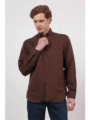 İmza Kahverengi Düğmeli Yaka Uzun Kol Cepsiz Slim Fit Gömlek 1004260165