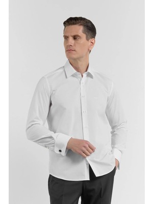 İmza Beyaz Uzun Kol Sert Yaka Düz Pamuklu Slim Fit Gömlek 1004260059