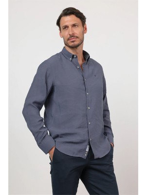 İmza Indigo Mavi Düğmeli Yaka Uzun Kol Cepsiz Slim Fit Modal Gömlek 1004260162