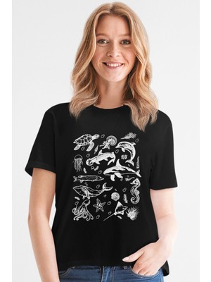 Rock&Roll Denizde Hayat Kısa Kollu Siyah Kadın Tişört