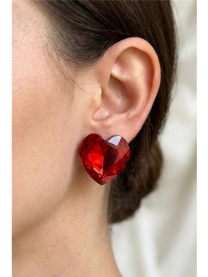 Petek Aksesuar Kırmızı Kalp Full Zirkon Stud Küpe