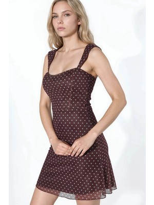 Hiccup Kadınlar Kalp Yaka Puantiyeli Mini Tül Elbise Kahverengi