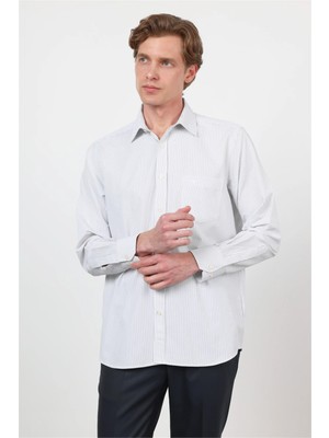 İmza Beyaz - Siyah Sert Yaka Uzun Kol Cepli Comfort Fit Pamuklu Gömlek 1004260222