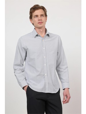 İmza Beyaz - Siyah Sert Yaka Uzun Kol Cepsiz Slim Fit Pamuklu Gömlek 1004260214