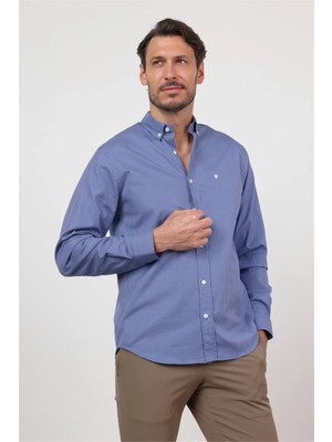 İmza Mavi - Beyaz Düğmeli Yaka Uzun Kol Cepsiz Slim Fit %100 Pamuk Gömlek 1004260202