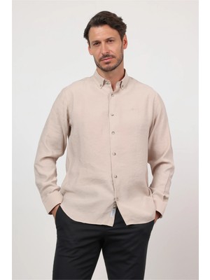 İmza Taş Rengi Düğmeli Yaka Uzun Kol Cepsiz Slim Fit Modal Gömlek 1004260162