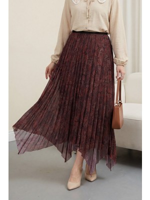 Moda Morfo Karışık Desen Beli Lastikli Asimetrik Kesim Astarlı Tül Etek -Bordo