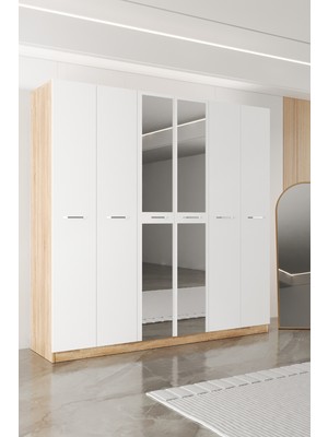 Aeka AE-2191 Hisar Sonomo/beyaz Aynalı 6 Kapaklı Çok Bölmeli Askılı ve Raflı Geniş Hacimli Gardırop 210X210 cm