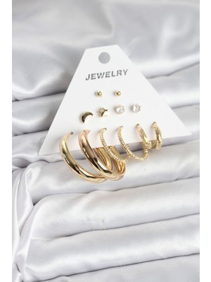Ronanna Gold Renk 6 Çiftli Pirinç Kadın Küpe Seti
