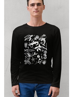 Rock&Roll Denizde Hayat Siyah Bisiklet Yaka Uzun Kollu Penye Erkek T-Shirt