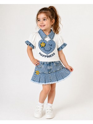Selvira Kız Çocuk Bayramlık Denim Etekli Takım – Çıkarılabilir Yakalı, Fırfır Kollu, 3D Kalp Detaylı Şık Kombin