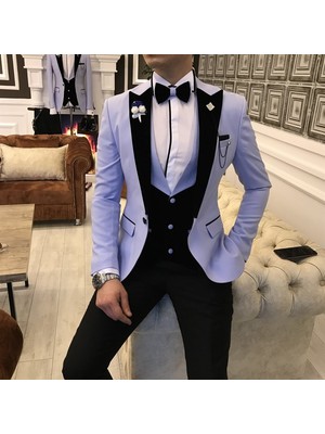 Terzi Adem İtalyan Kesim Ceket Yelek Pantolon Mavi Damatlık Set T3700
