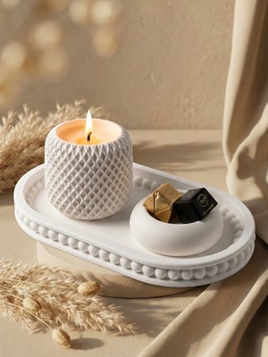 Aceleyolla Luxury Beton Mum ve Dekoratif Tepsi Seti Ahşap Fitilli Minimal Şık Tasarım Beyaz