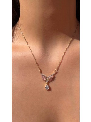 Angel Gold Pembe Beyaz Taşlı Zirkon Detaylı Melek Kanat Kadın Kolye