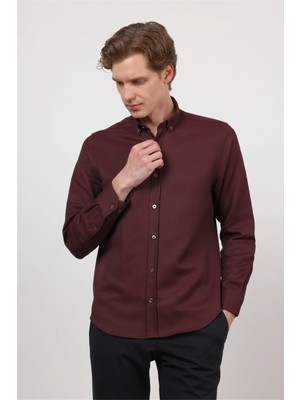 İmza Bordo Düğmeli Yaka Uzun Kol Cepsiz Slim Fit Pamuklu Gömlek 1004260203