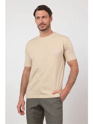İmza Koyu Bej Bisiklet Yaka Kısa Kol Cepsiz Slim Fit Pamuklu Tişört 1011260166
