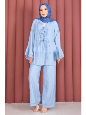 Mdl Önü Bağcık Detaylı Kolları Volanlı Kimono Ikili Takım Bebe Mavisi