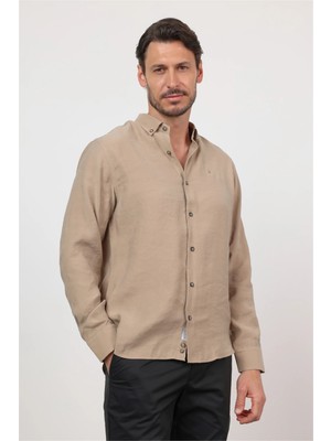 İmza Koyu Bej Düğmeli Yaka Uzun Kol Cepsiz Slim Fit Modal Gömlek 1004260162