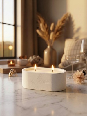 Aceleyolla Luxury Ikili Fitilli Beton Mum Minimal Dekoratif Tasarım Beyaz