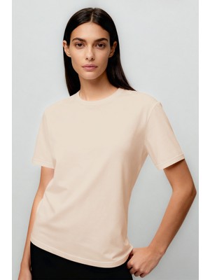 Bej O Yaka Standart Fit Basic Kadın T-Shirt - 97311